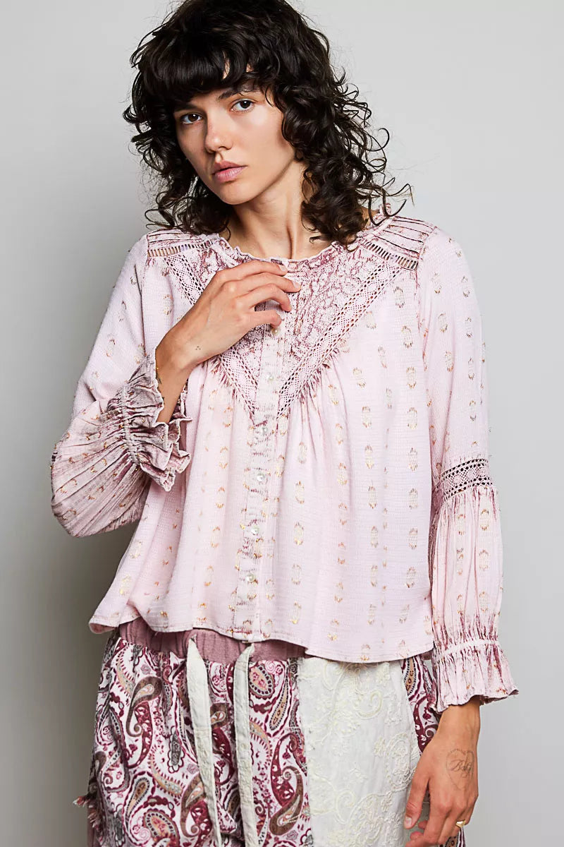 POL Mixed-Pattern Lace Detail Blouse