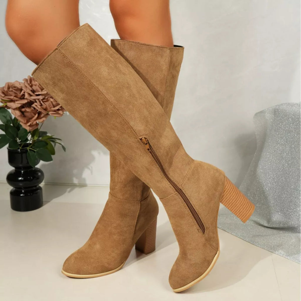 Point Toe Knee-High Suede Block Heel Boots