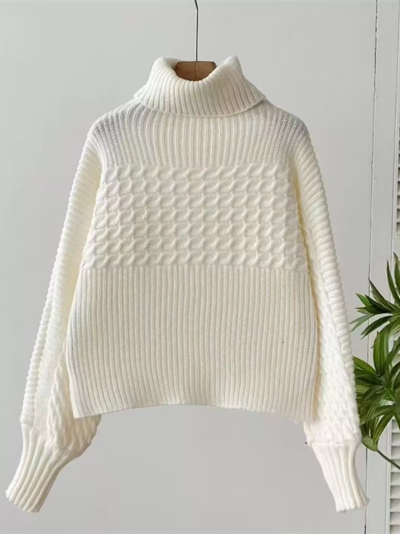 Textured Knit Turtleneck Long Sleeve Sweater
