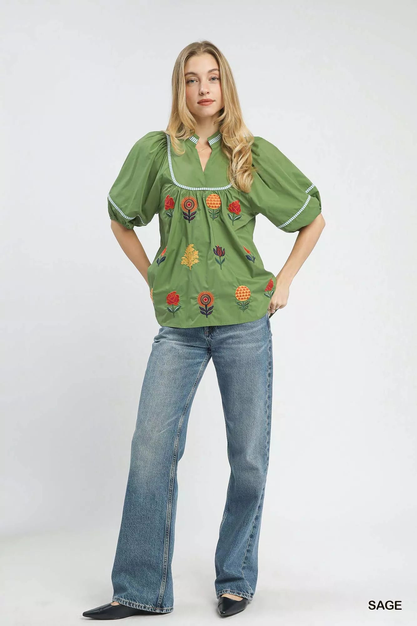 Umgee Embroidered Floral Puff Sleeve Top