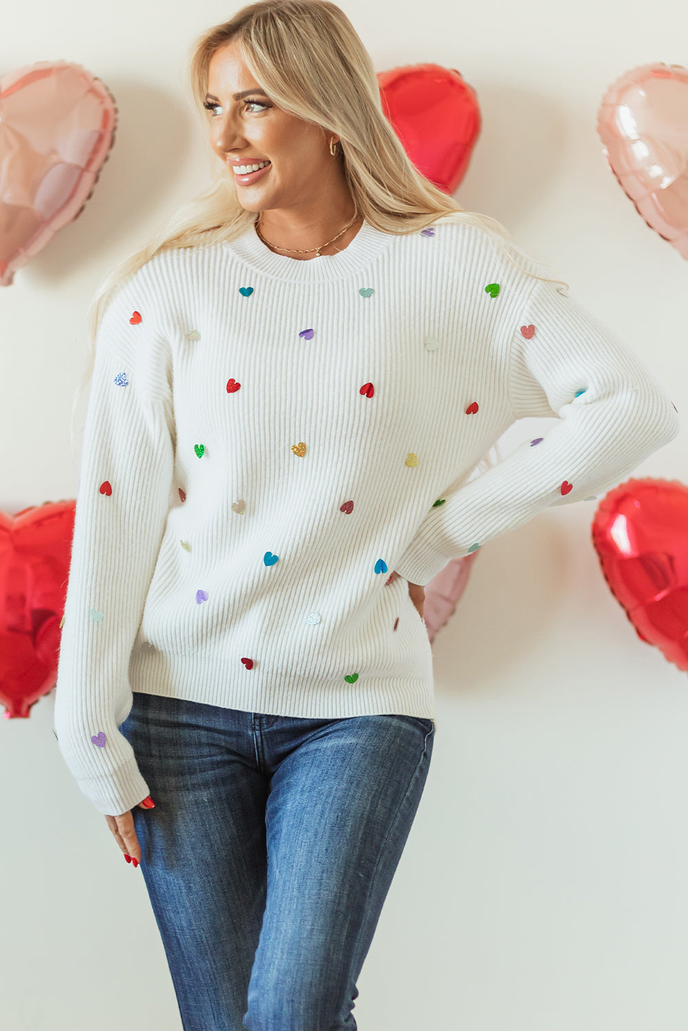 Valentine Heart Sequin Ribbed Knit Crewneck Sweater