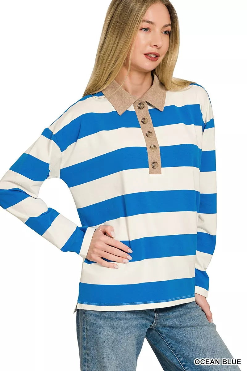 Zenana Striped Contrast Collar Polo Top