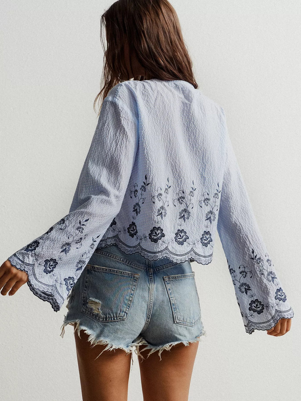 Floral Embroidered Tie-Front Blouse
