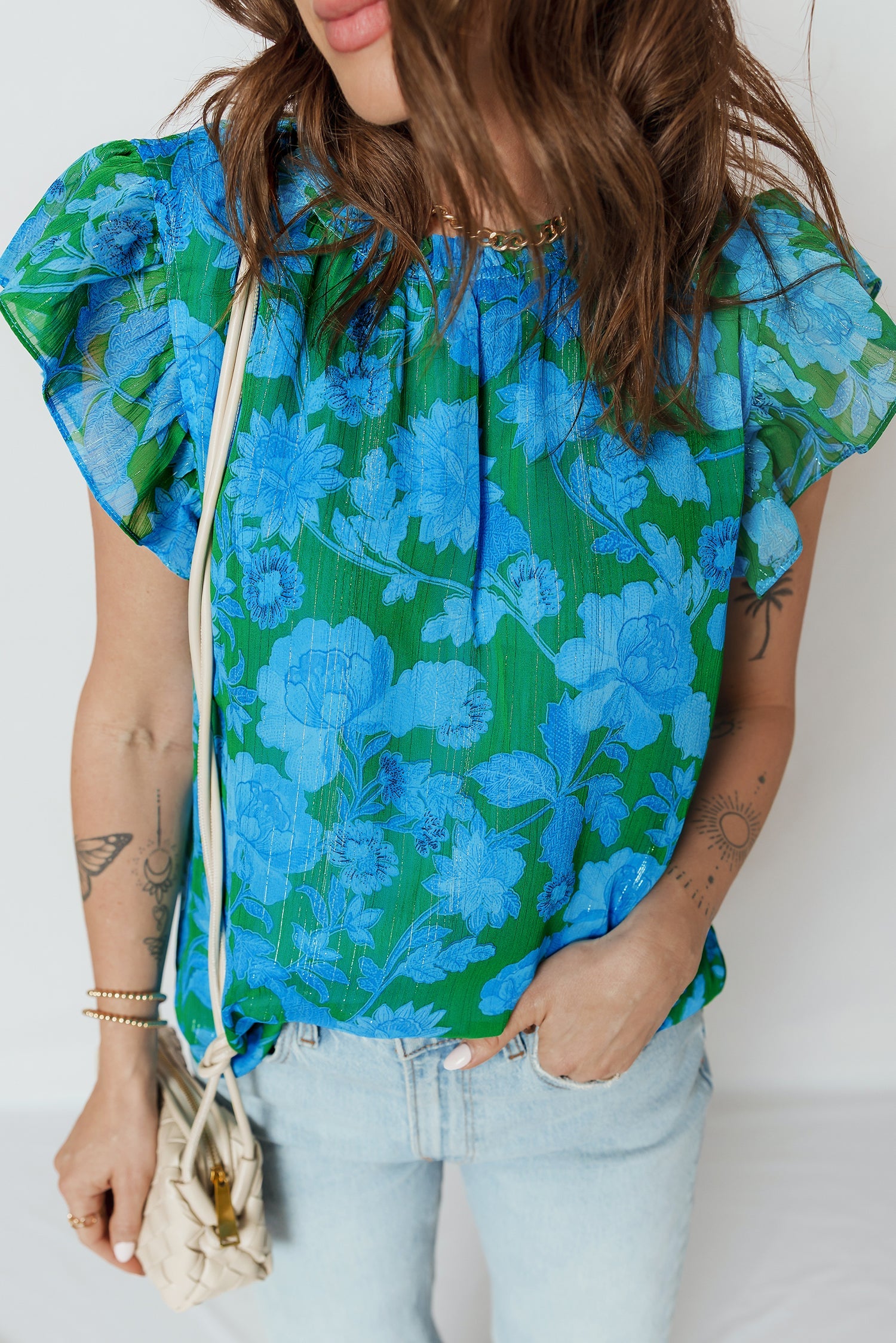Floral Ruffle Sleeve Keyhole Back Blouse