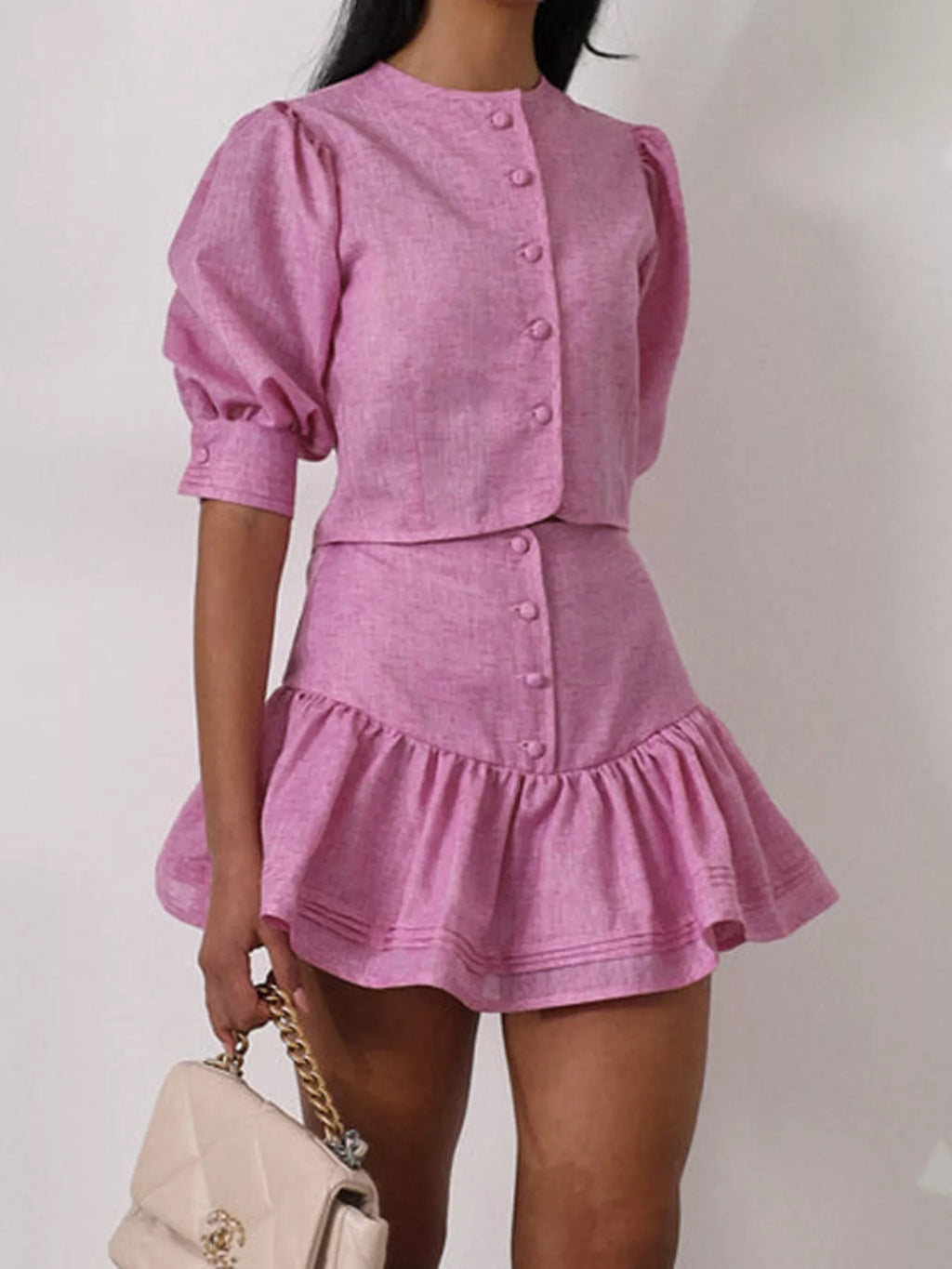 Puff Sleeve Cropped Top and Ruffled Skirt Set