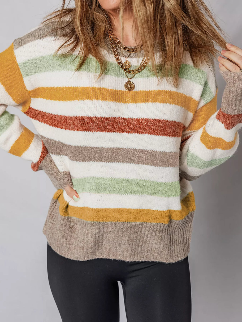 Multicolour Stripe Drop Shoulder Crew Neck Sweater