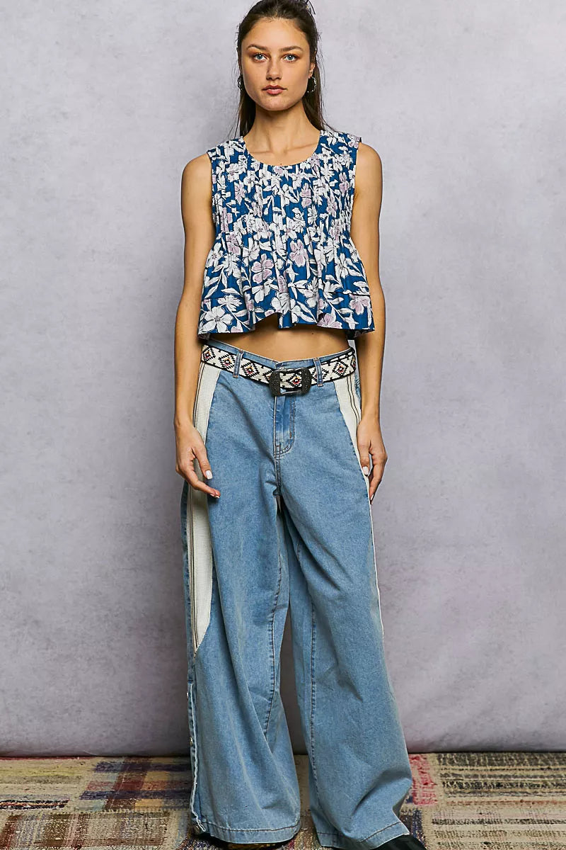 POL Floral Round Neck Cropped Pintuck Tank