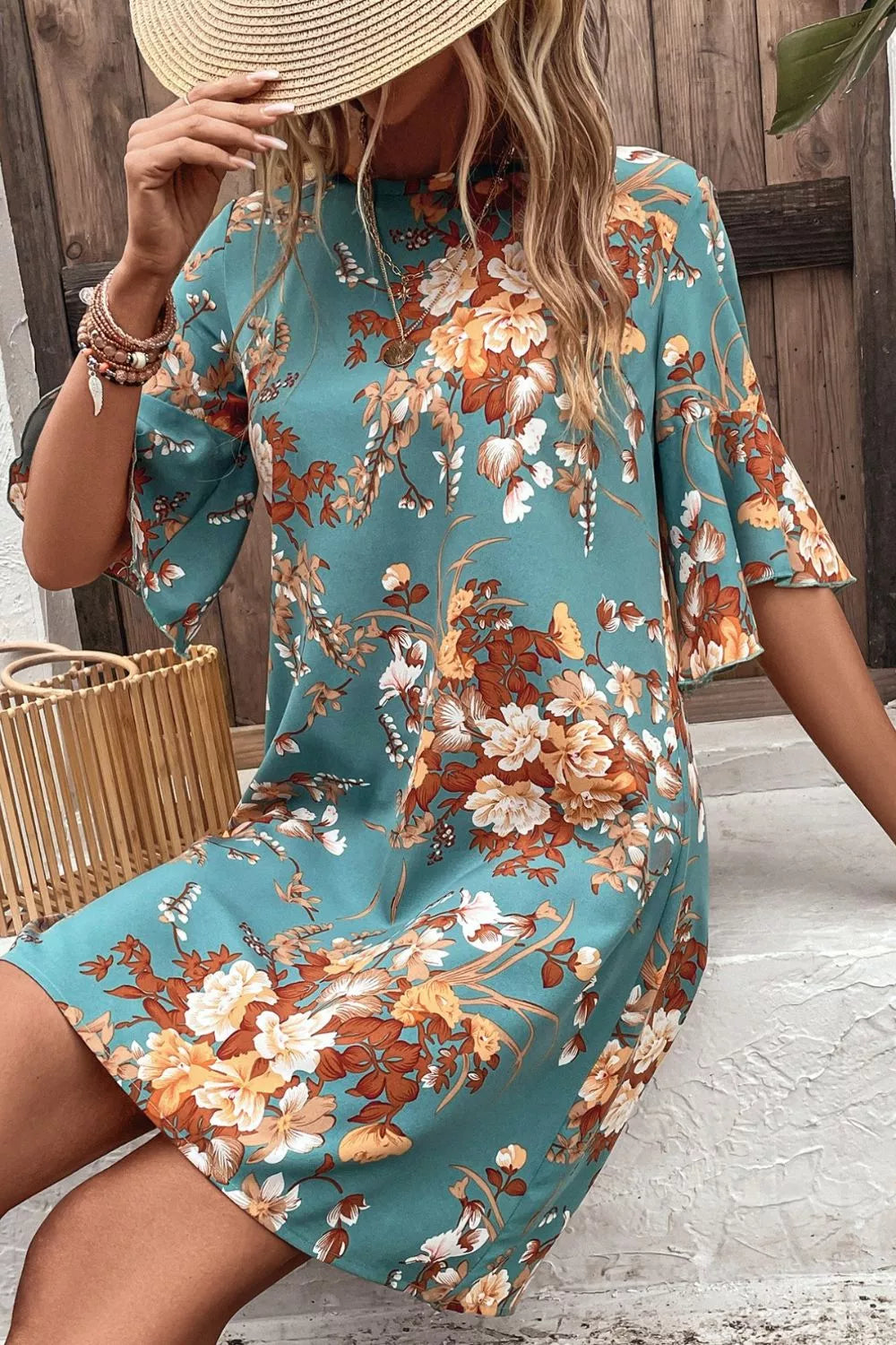 Floral Print Flounce Sleeve Casual Dress