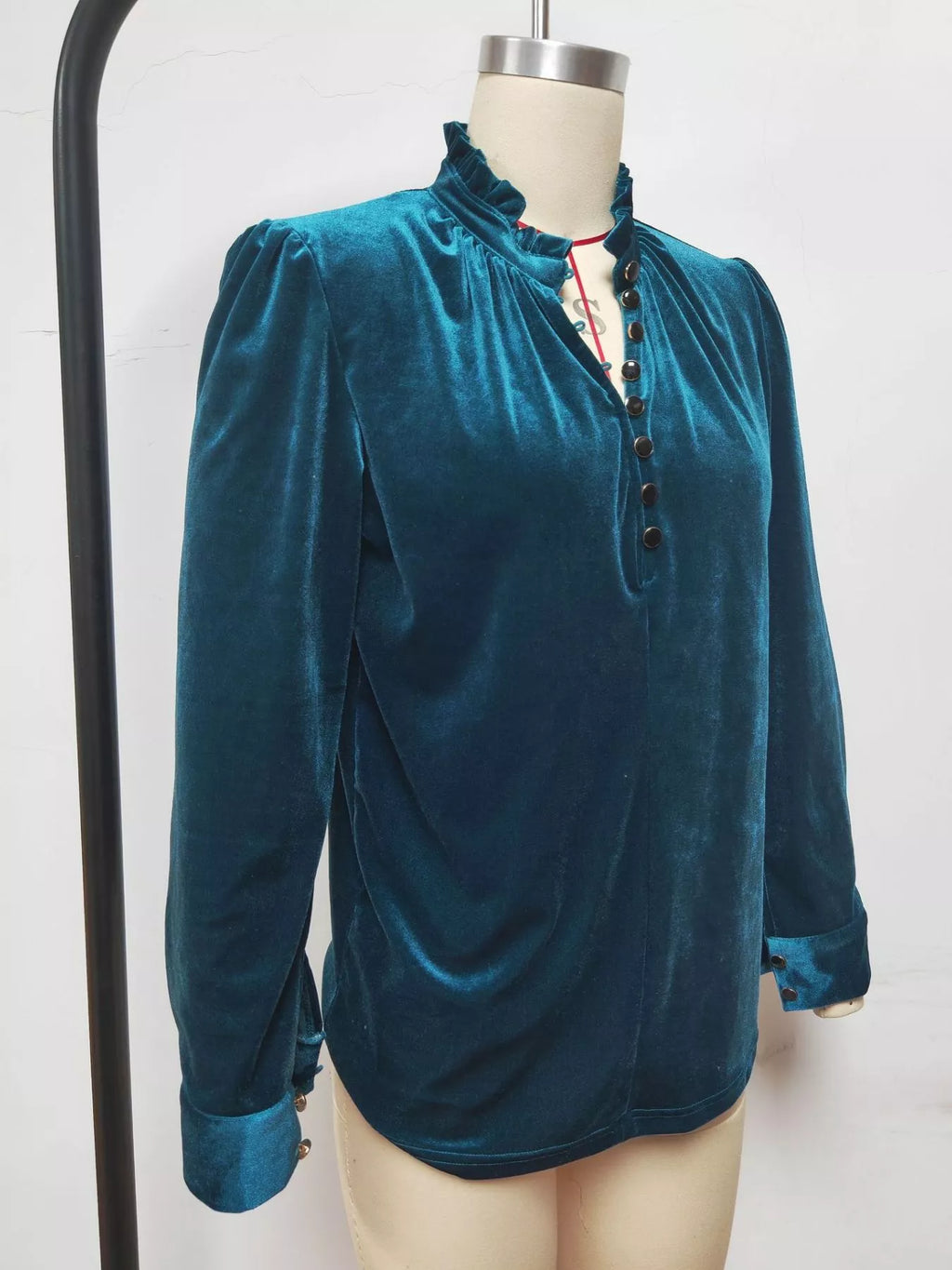 Elegant Velvet Ruffle Neck Blouse