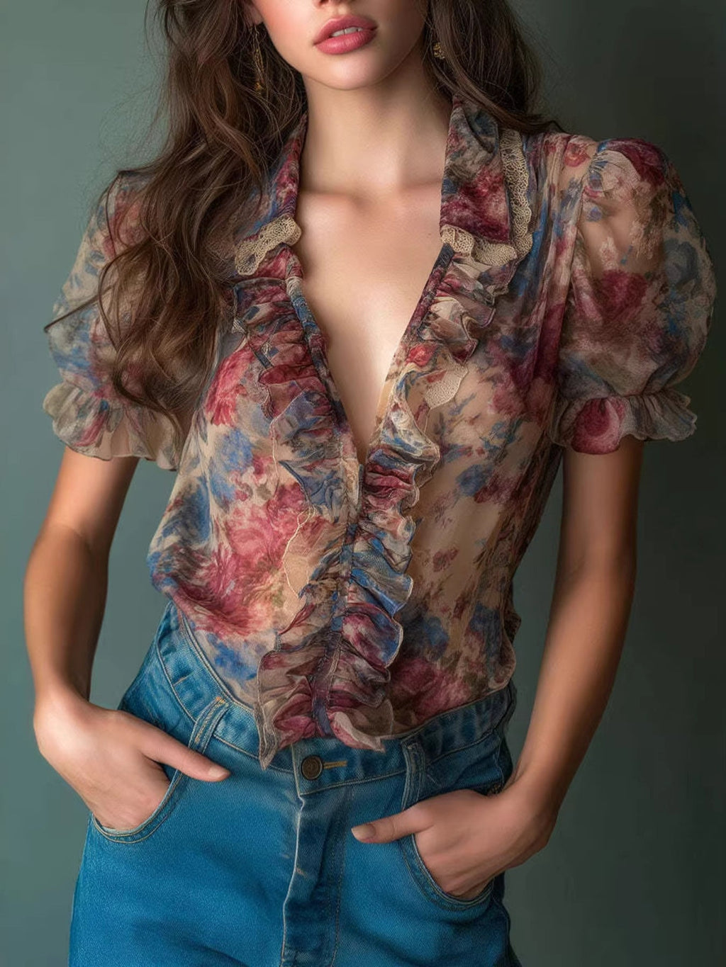 Floral Print Ruffle Trim Blouse