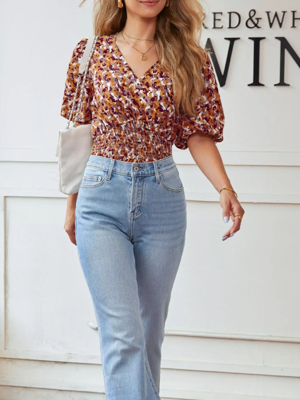 Abstract Print V Neck Smocked Babydoll Blouse