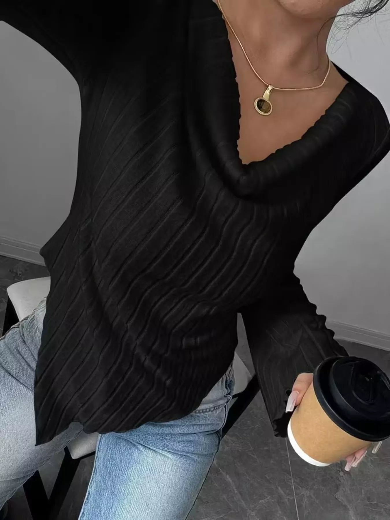 Cowl Neck Ribbed Knit Top