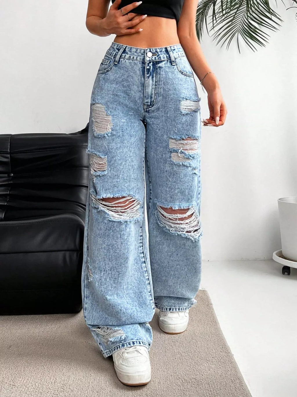 Distressed Wide-Leg Jeans