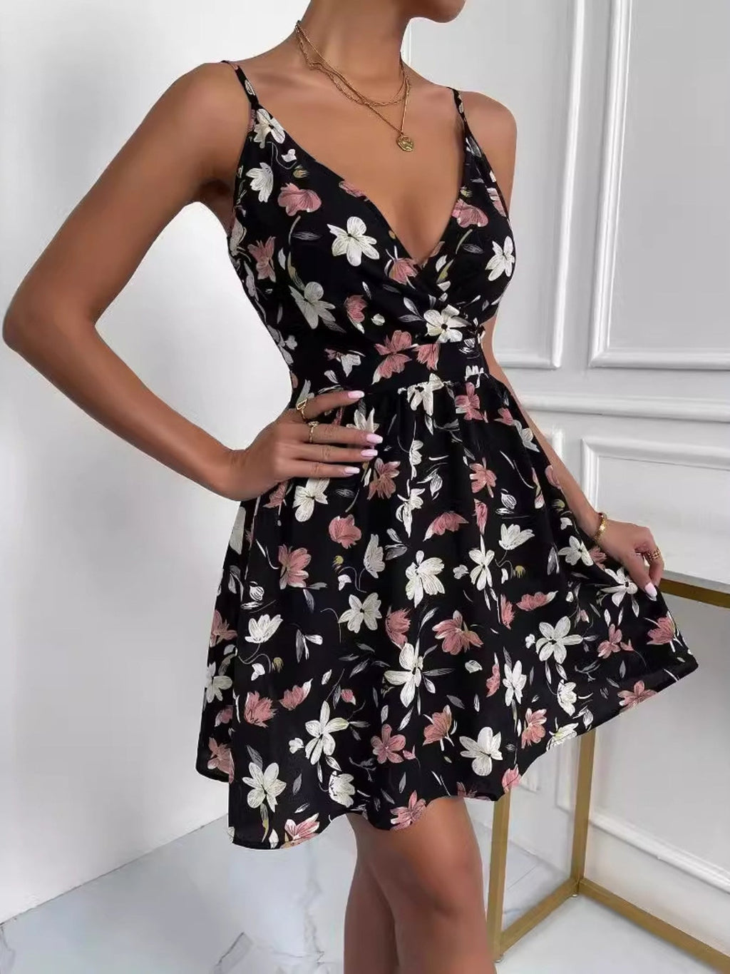 Floral Print V-Neck Spaghetti Strap Mini Dress