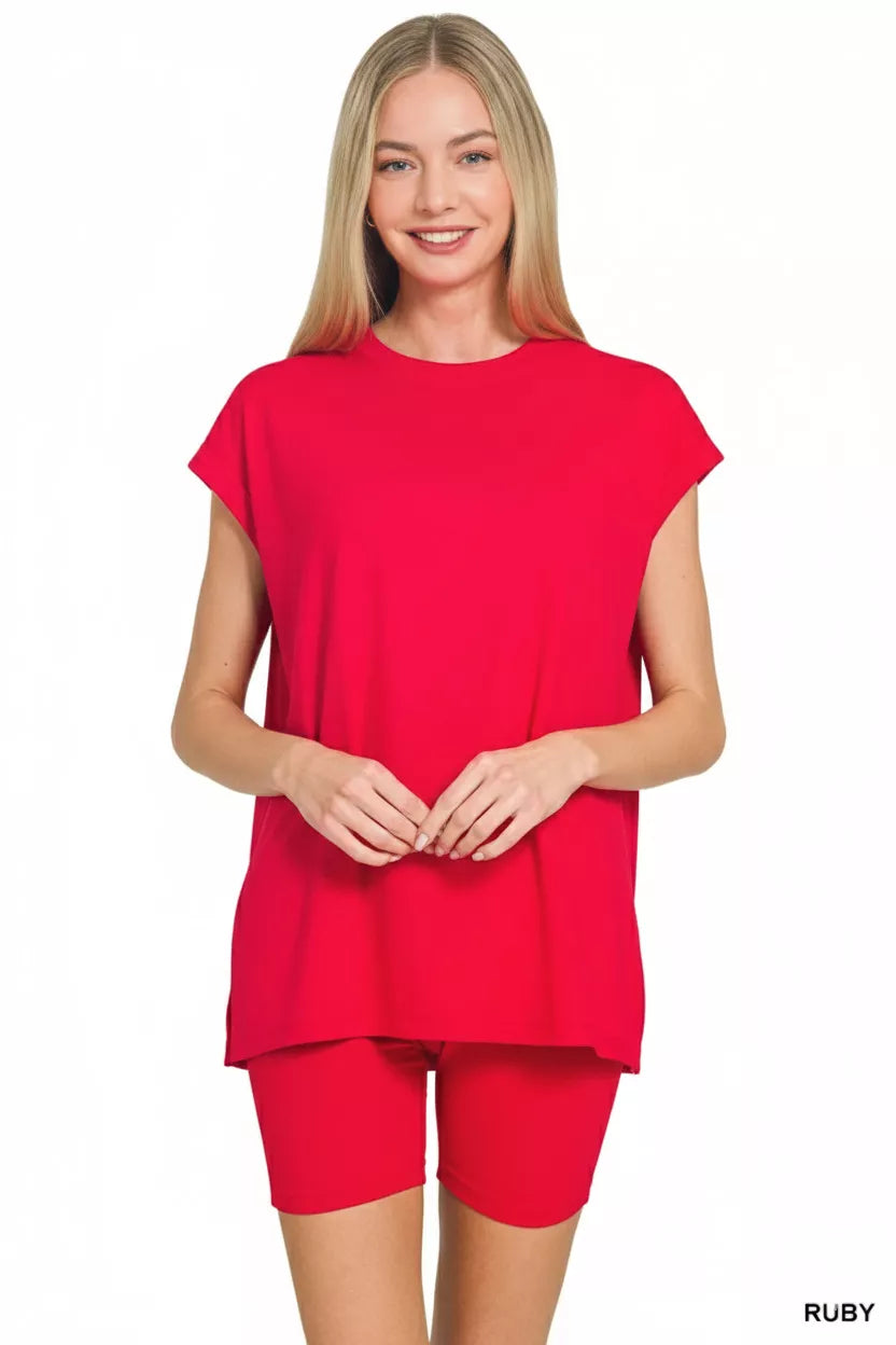 Zenana Brushed Dty Microfiber Top & Biker Shorts
