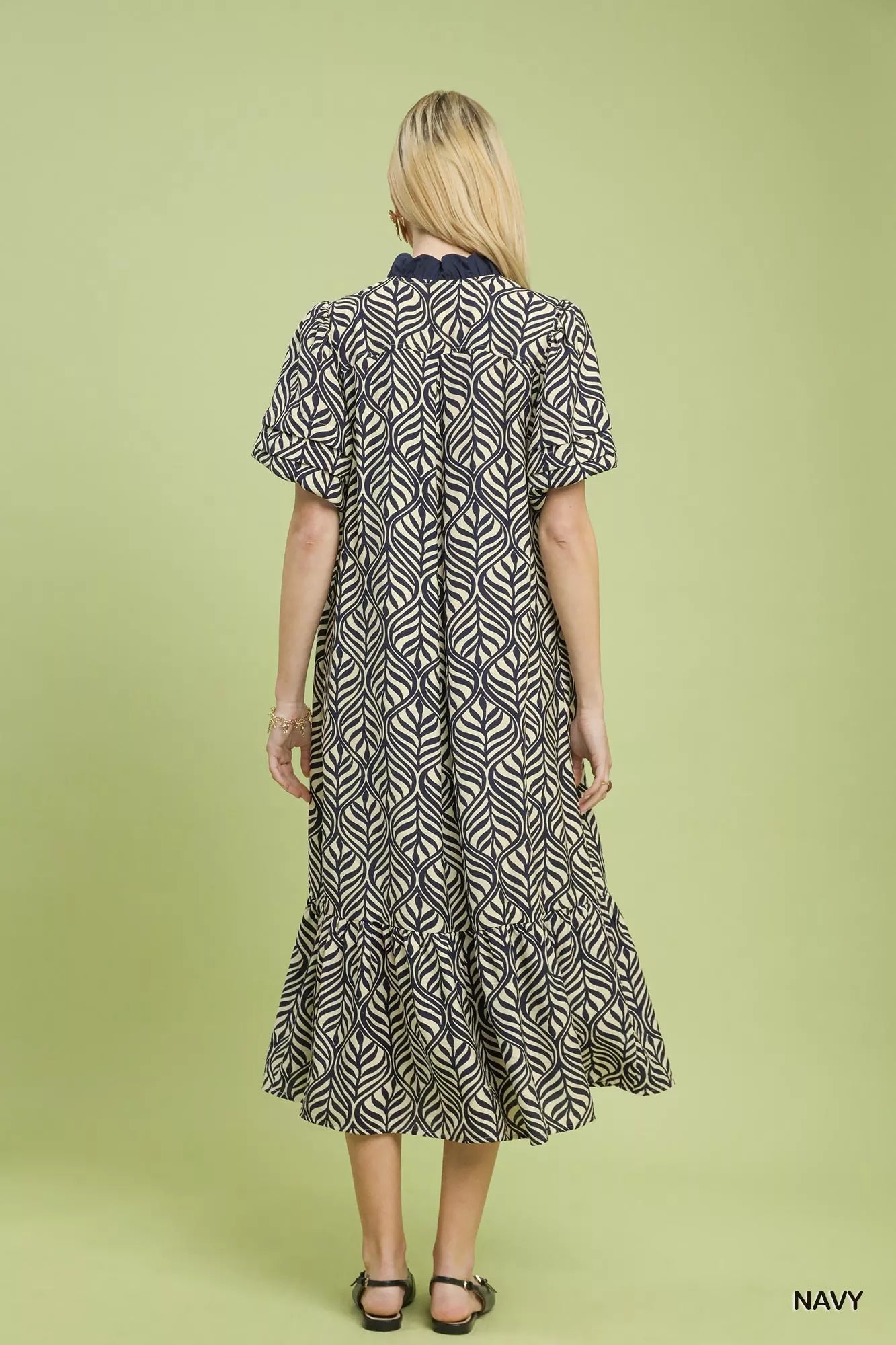 Umgee Leaf Print Ruffle Neck Midi Dress