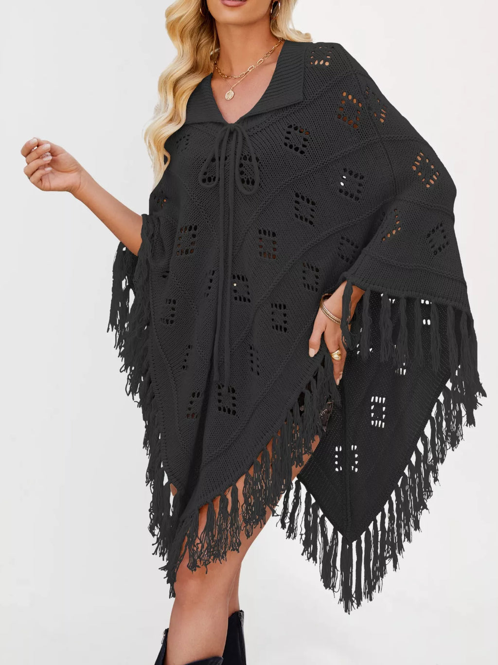 Fringe Openwork Knit Cover Up
