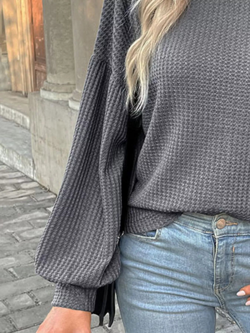 Waffle Knit Round Neck Top