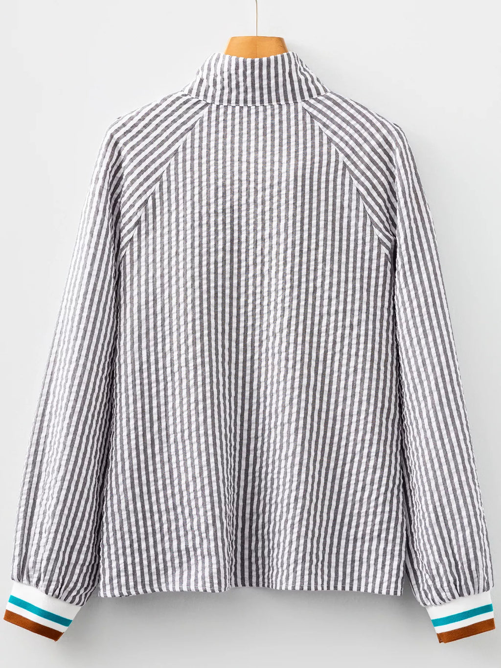 Striped Print Contrast Patchwork Detail Split Neck Blouse