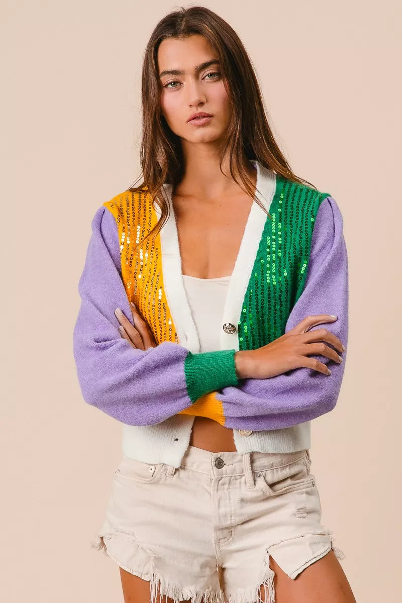 BiBi Mardi Gras Color Block Sequin Sweater Cardigan