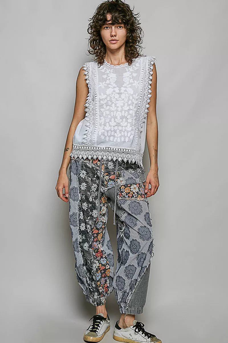 POL Allover Botanical Embroidered Scalloped Lace Sleeveless Top