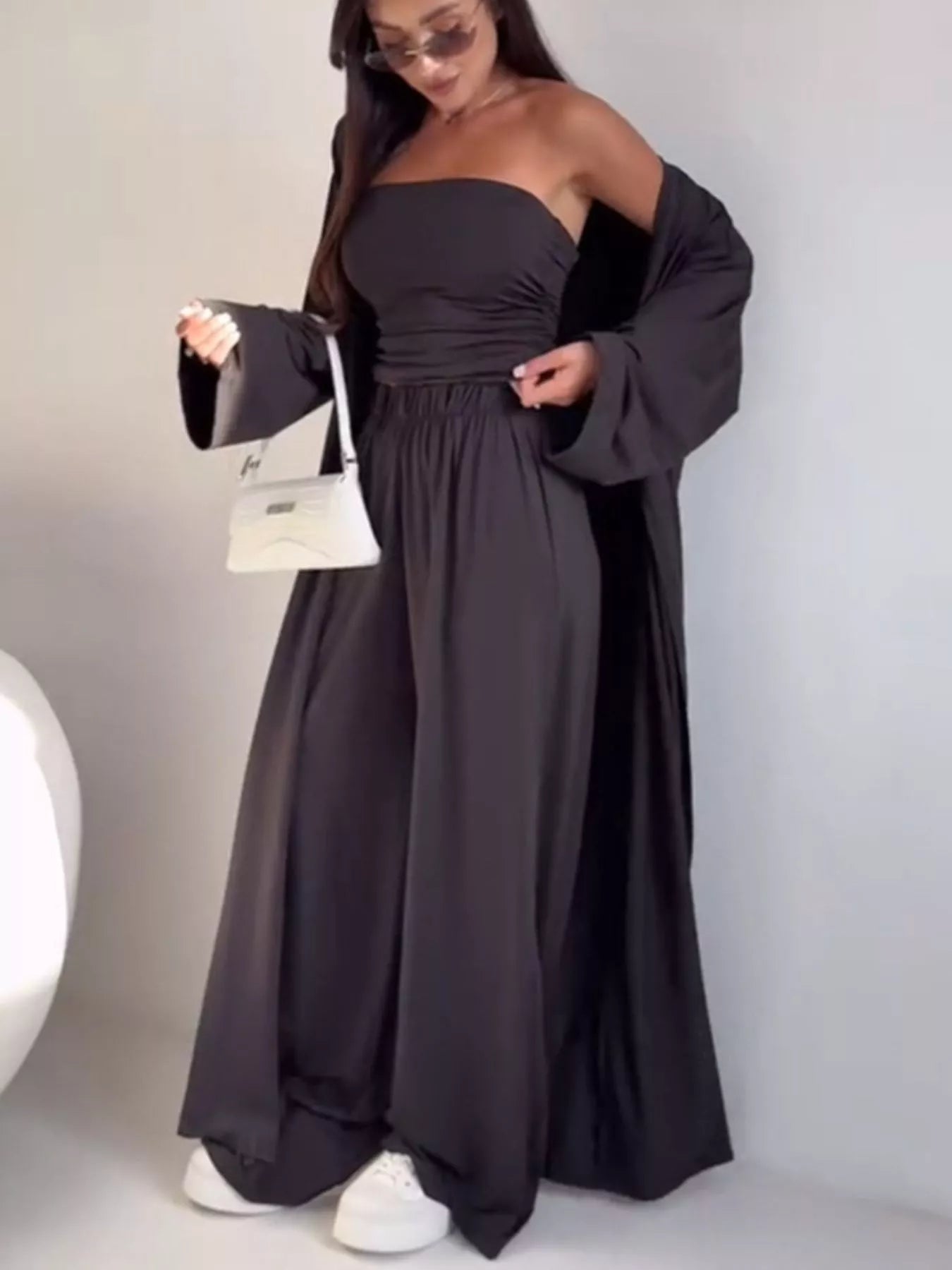 Tube Top & Cardigan & Wide Leg Pants 3-Piece Set
