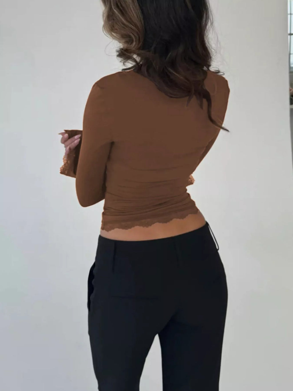 Lace Trim Square Neck Long Sleeve Top