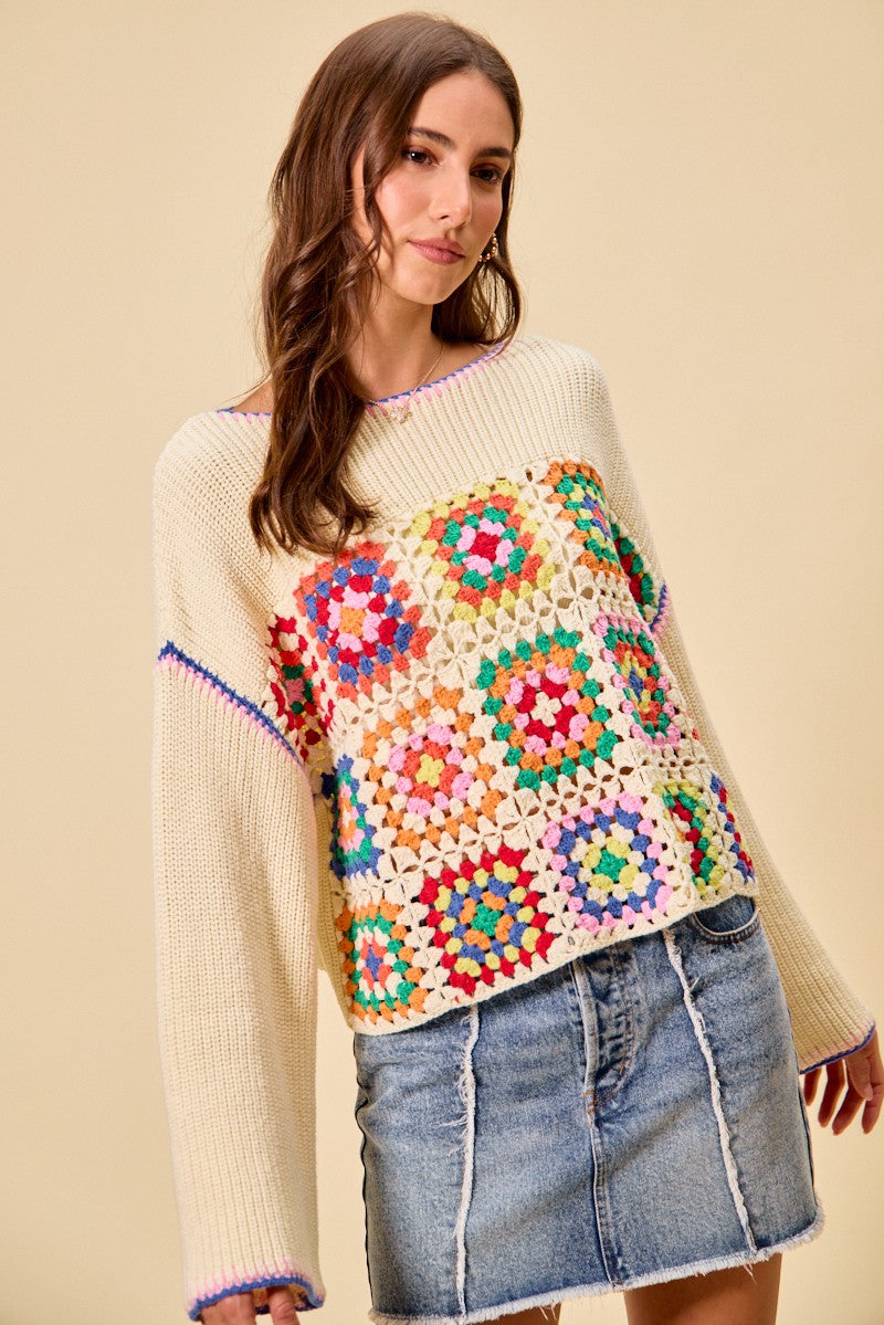 SO ME Multi Color Granny Crochet Lace Sweater Top