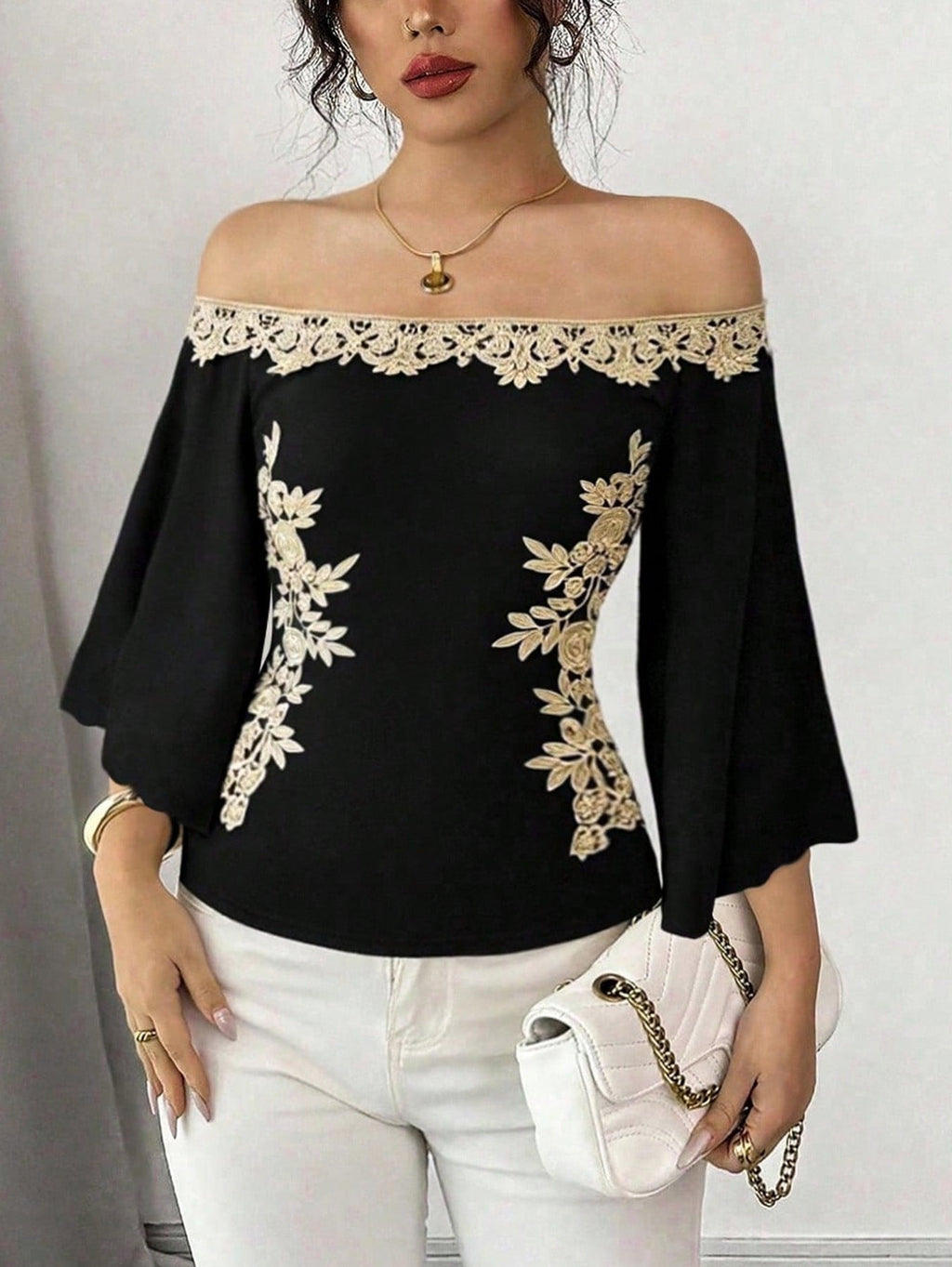 Off-Shoulder Embroidered Bell Sleeve Top