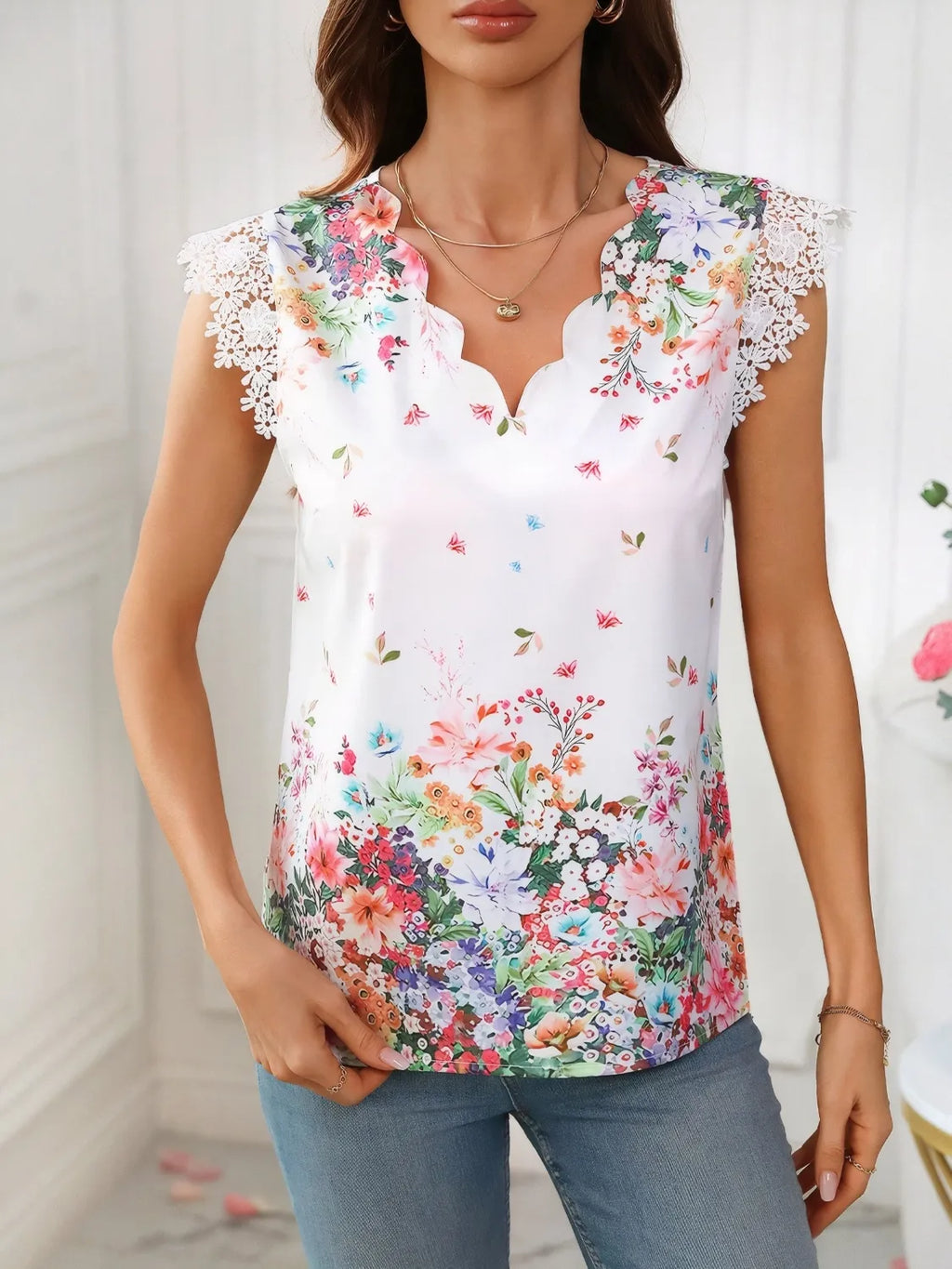 Lace Detail Printed V-Neck Cap Sleeve Blouse