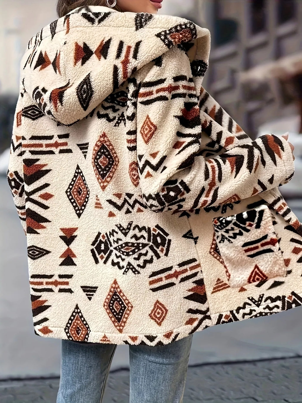 Ethnic Pattern Button-Up Fleece Outerwear