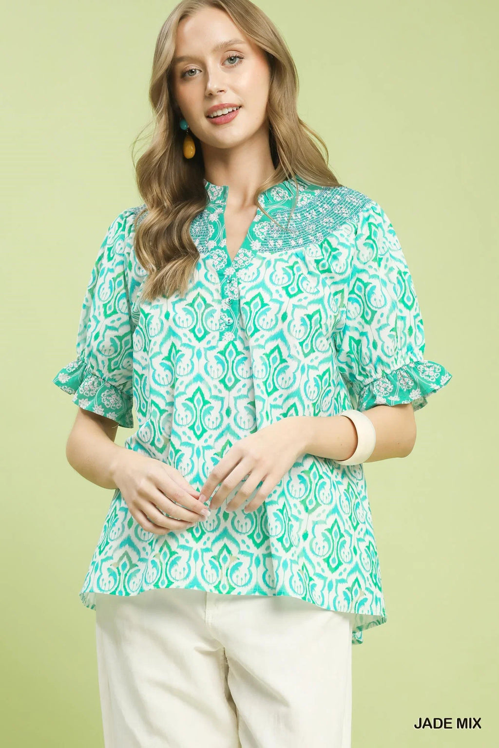 Umgee Mix Boho Puff Sleeve Smocked Top