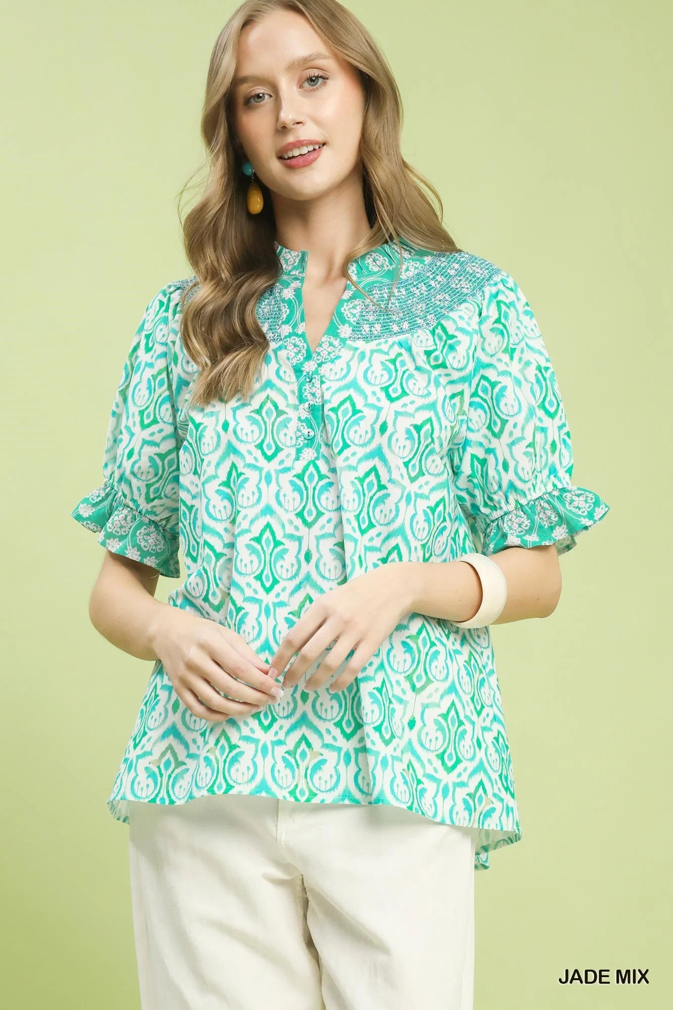 Umgee Mix Boho Puff Sleeve Smocked Top