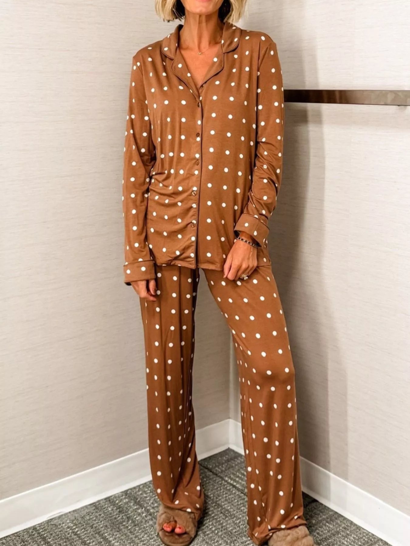 Polka Dot Button-Down Top and Pants Lounge Set