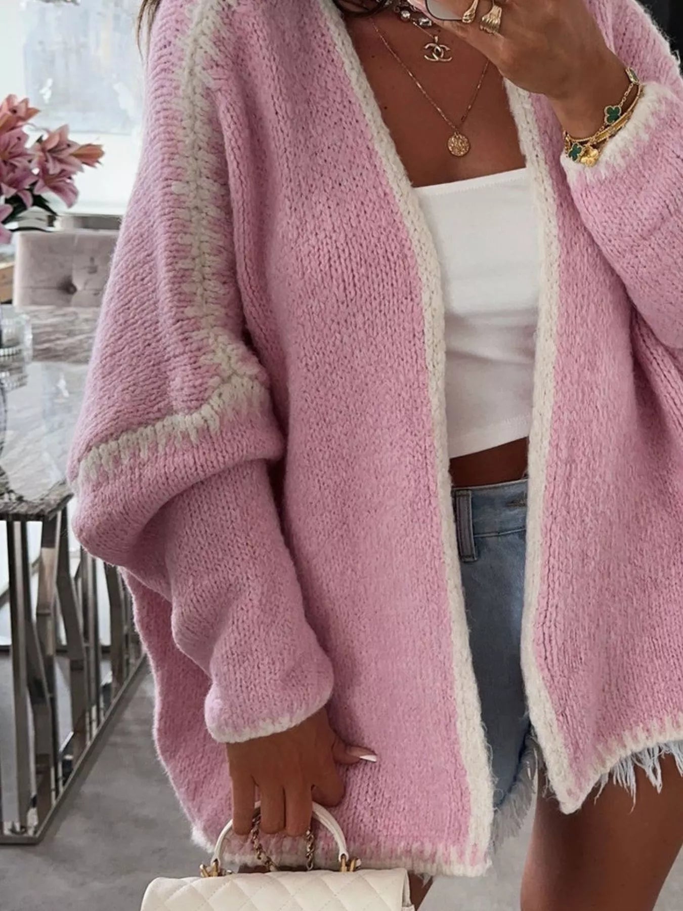 Contrast Trim Open Front Cardigan