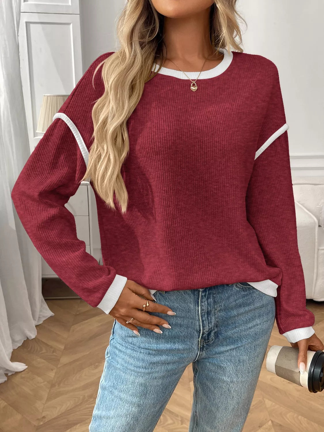 Ribbed Knit Contrast Trim Sweater