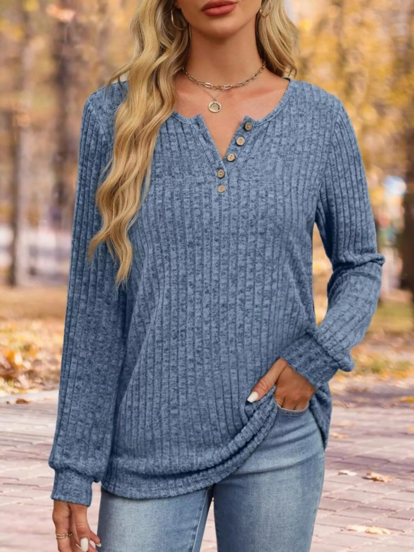 Ribbed Knit Button-Front Long Sleeve T-Shirt