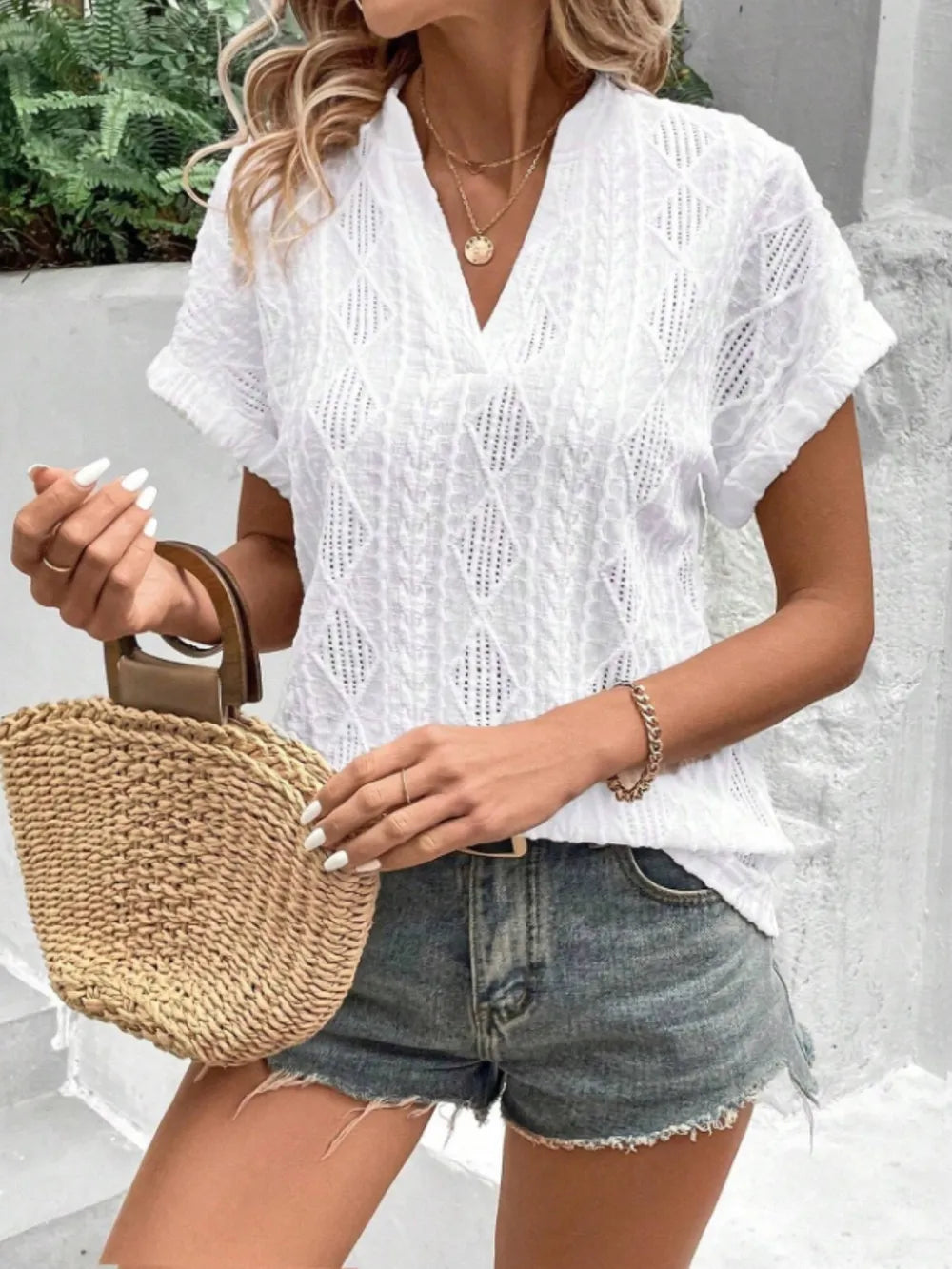 Openwork Notched Short Sleeve Blouse