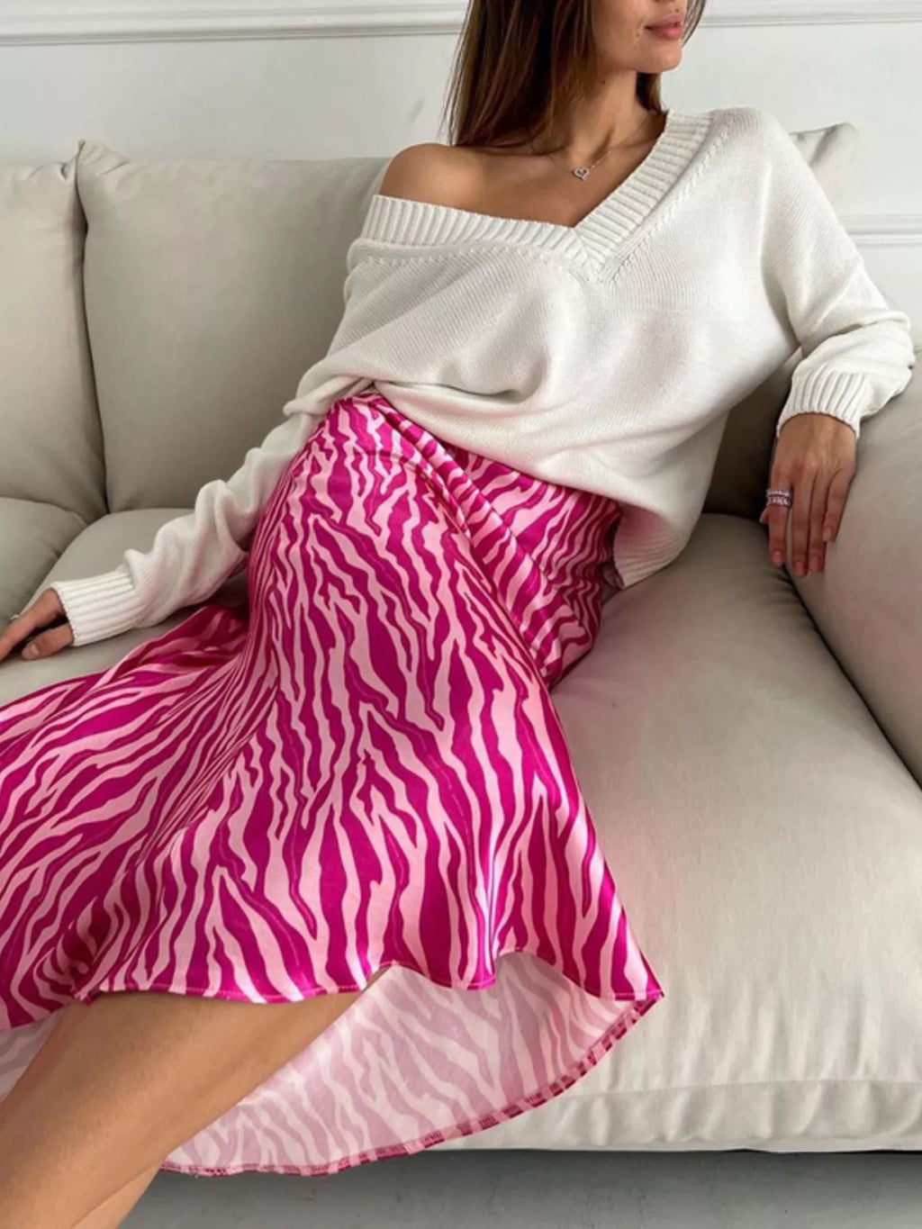 Satin Zebra Print Midi Skirt