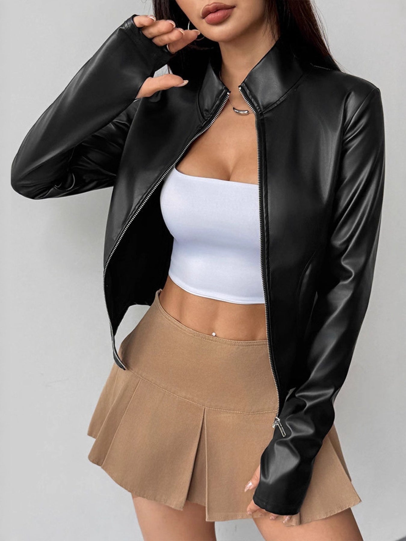 Zip Up Long Sleeve Leather Jacket