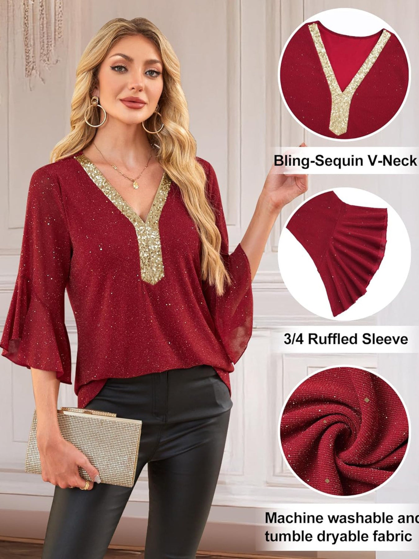 Sequin V-Neck Flounce Sleeve Blouse