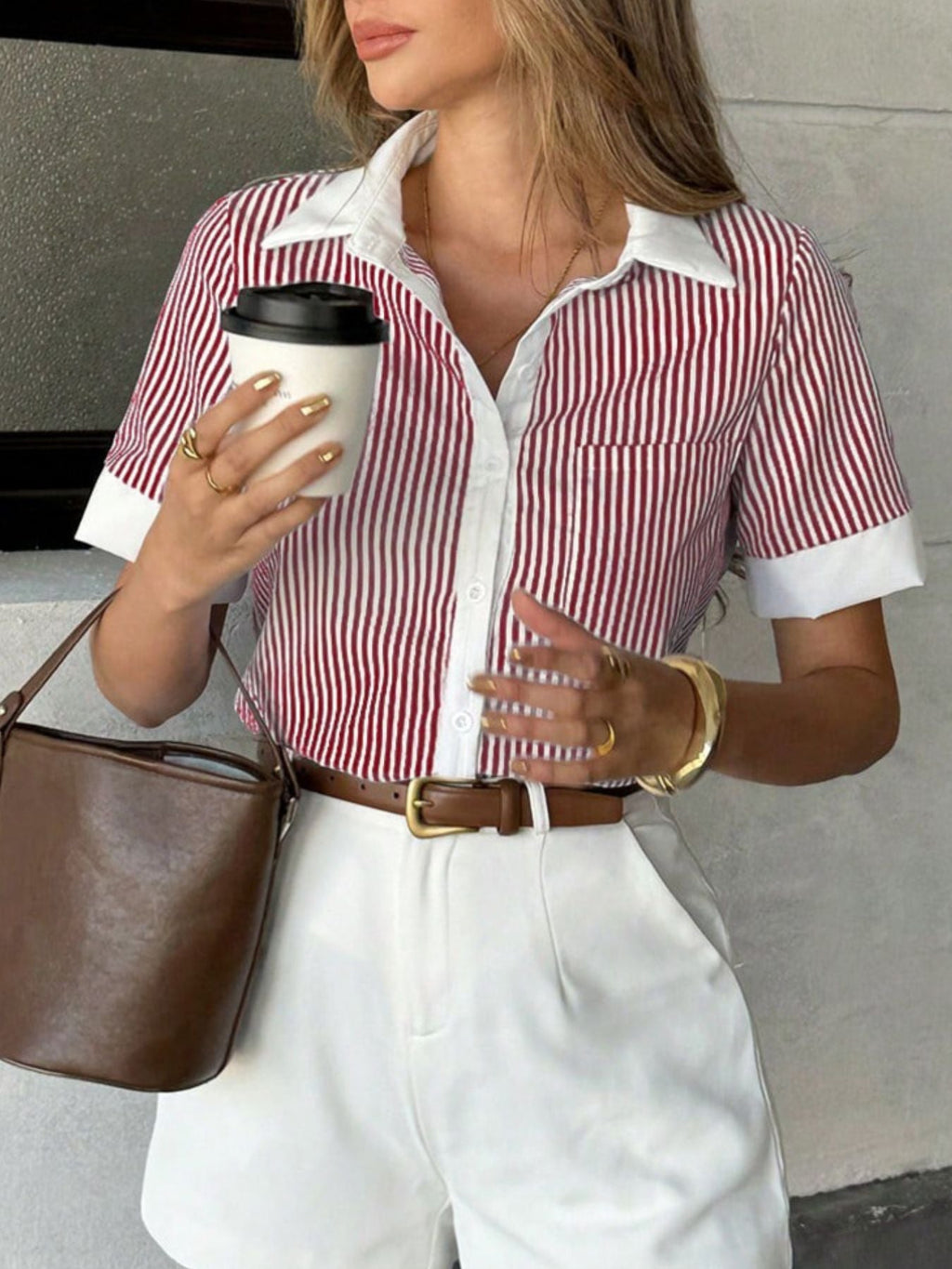 Striped Button-Down Short Sleeve Shirt