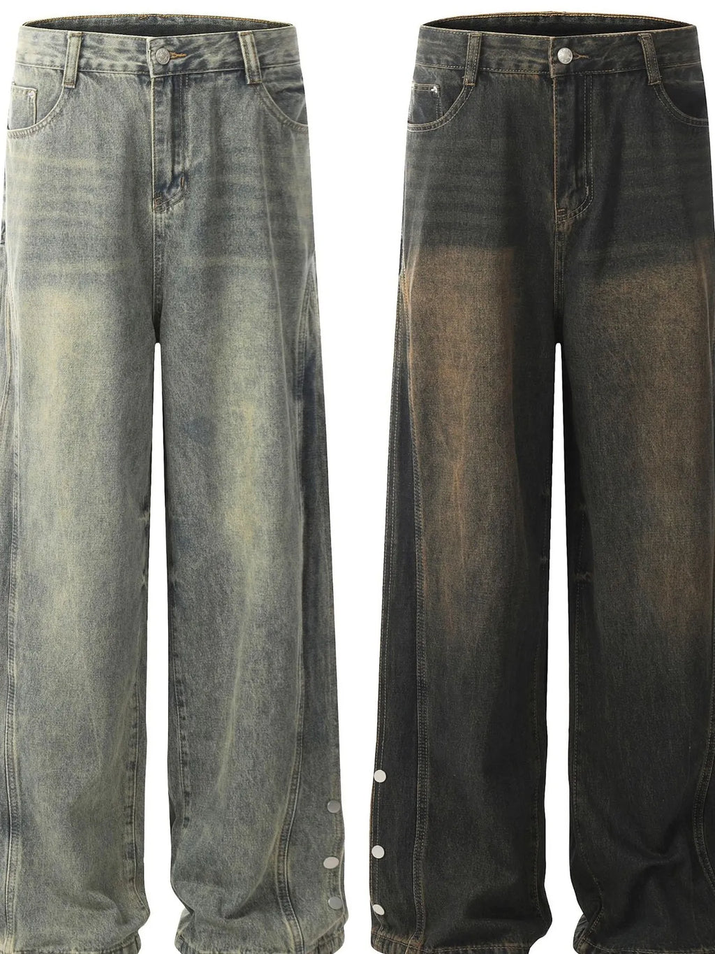 Men's Washed Wide Leg Jeans with Side Button Details