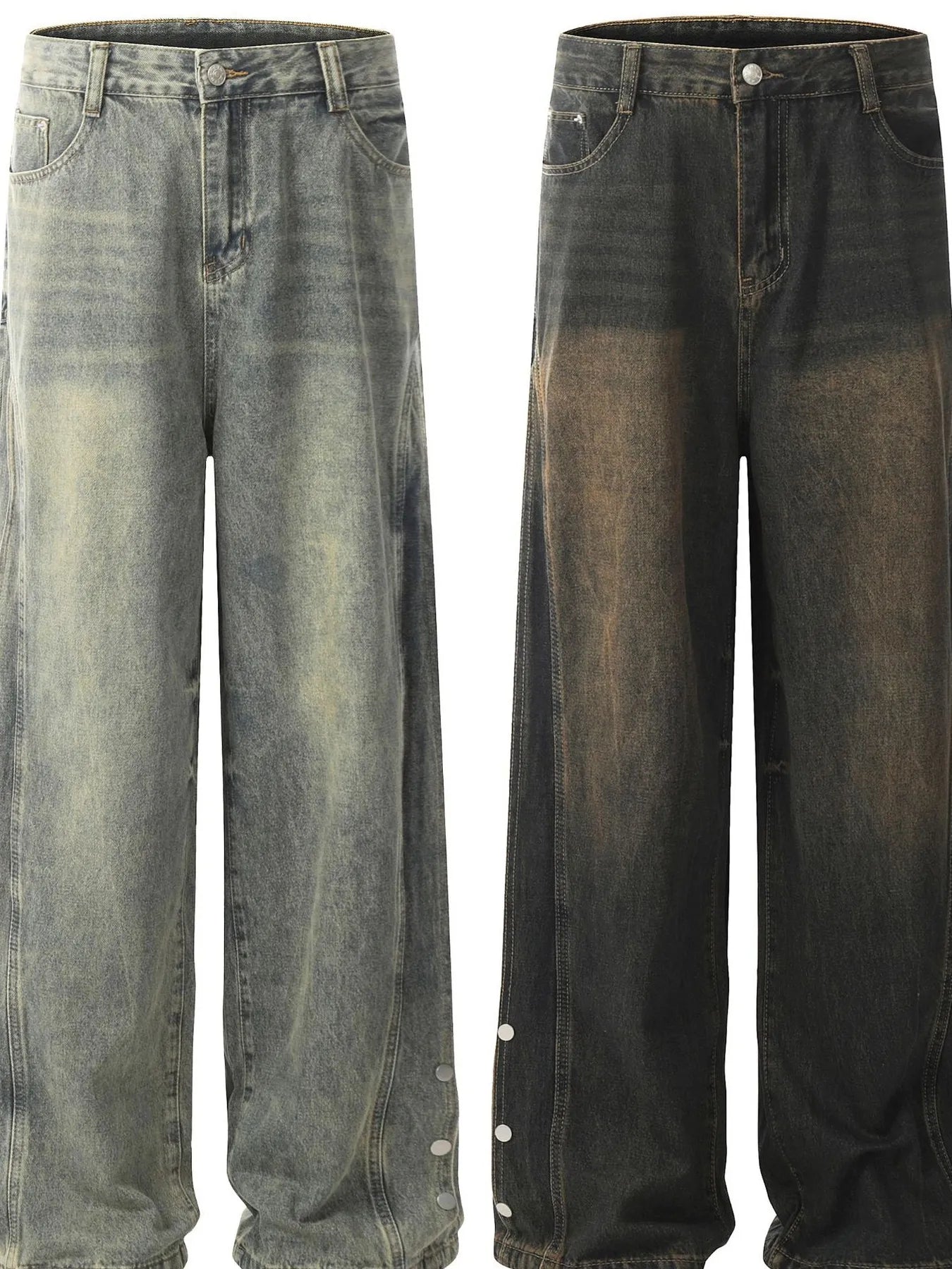 Men's Washed Wide Leg Jeans with Side Button Details