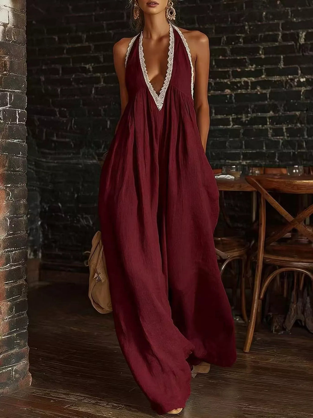 Full Size Halter Neck Lace Trim Wide Leg Jumpsuit Plus Size