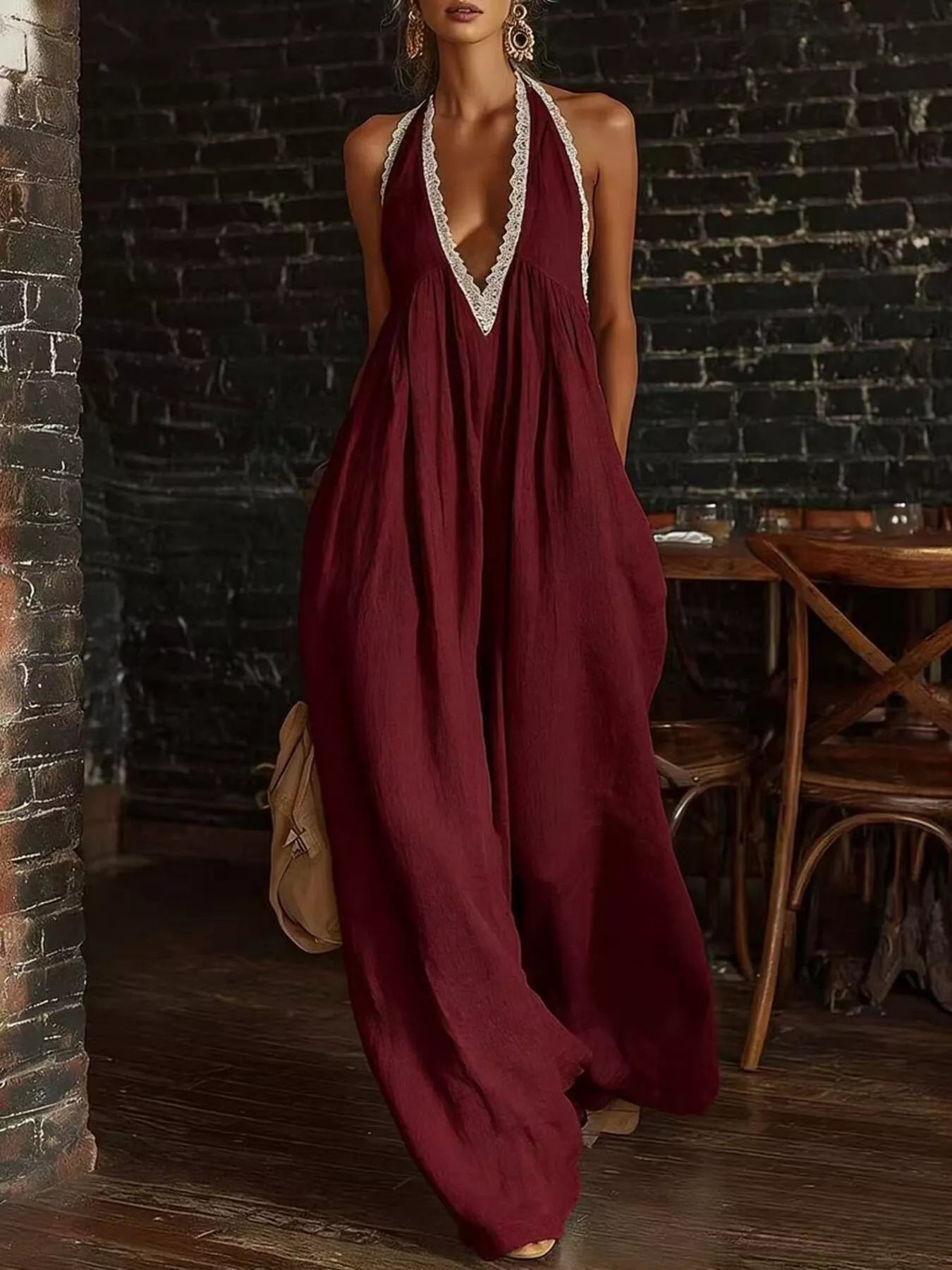 Full Size Halter Neck Lace Trim Wide Leg Jumpsuit Plus Size
