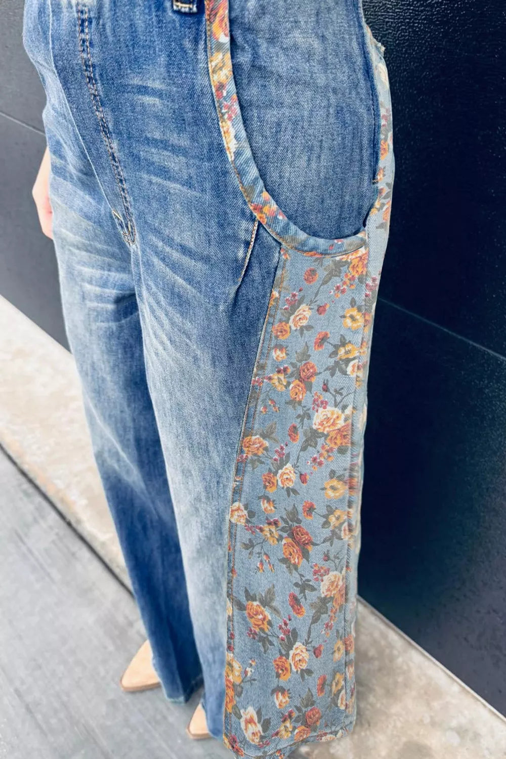 Vintage Rose Printed Pleated Loose Denim Overall