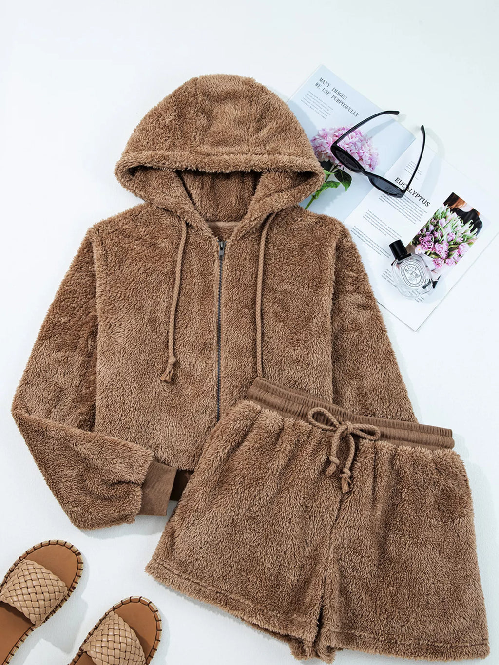 Zip Up Hoodie and Drawstring Shorts 2pcs Outfit