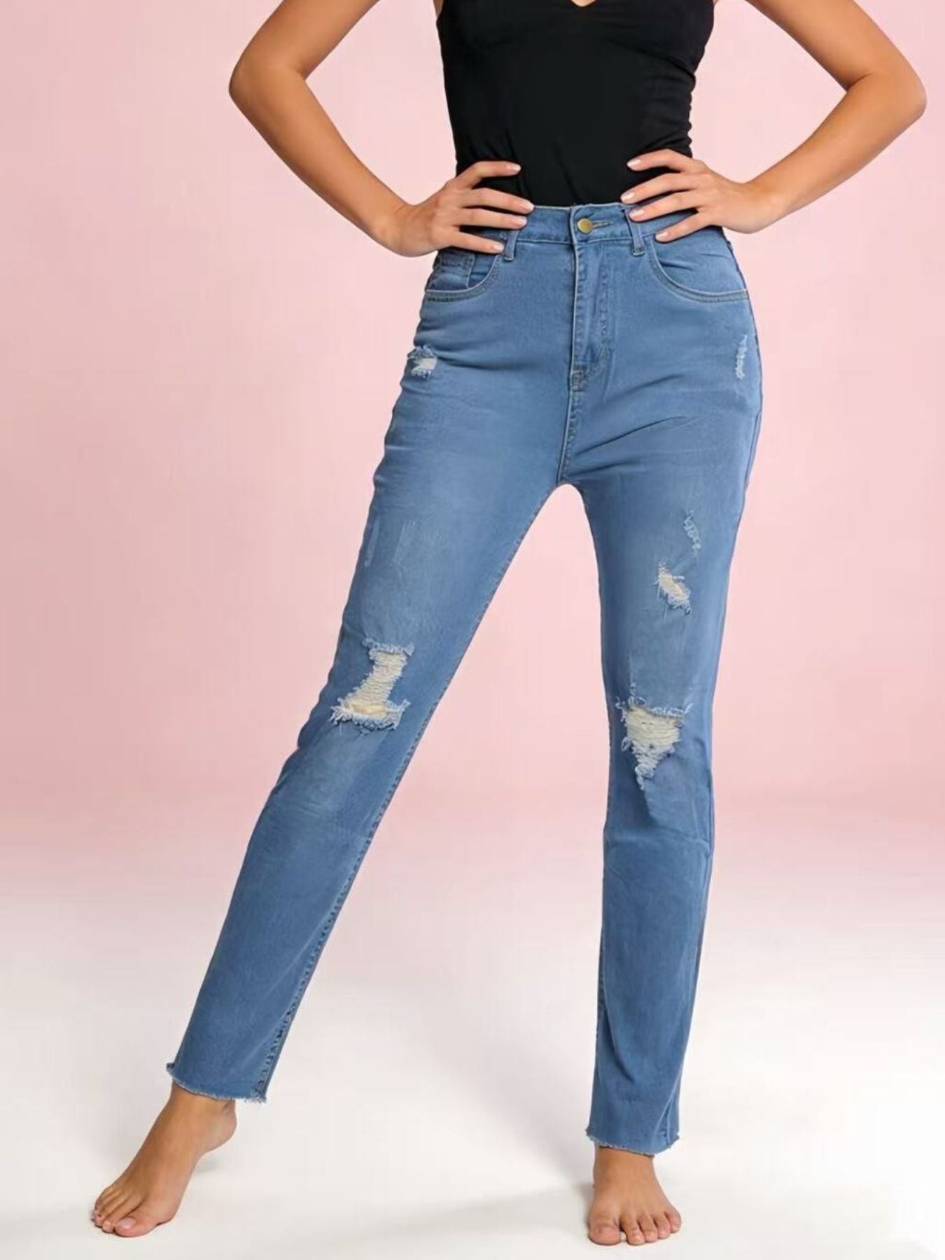 High-Waisted Distressed Jeans