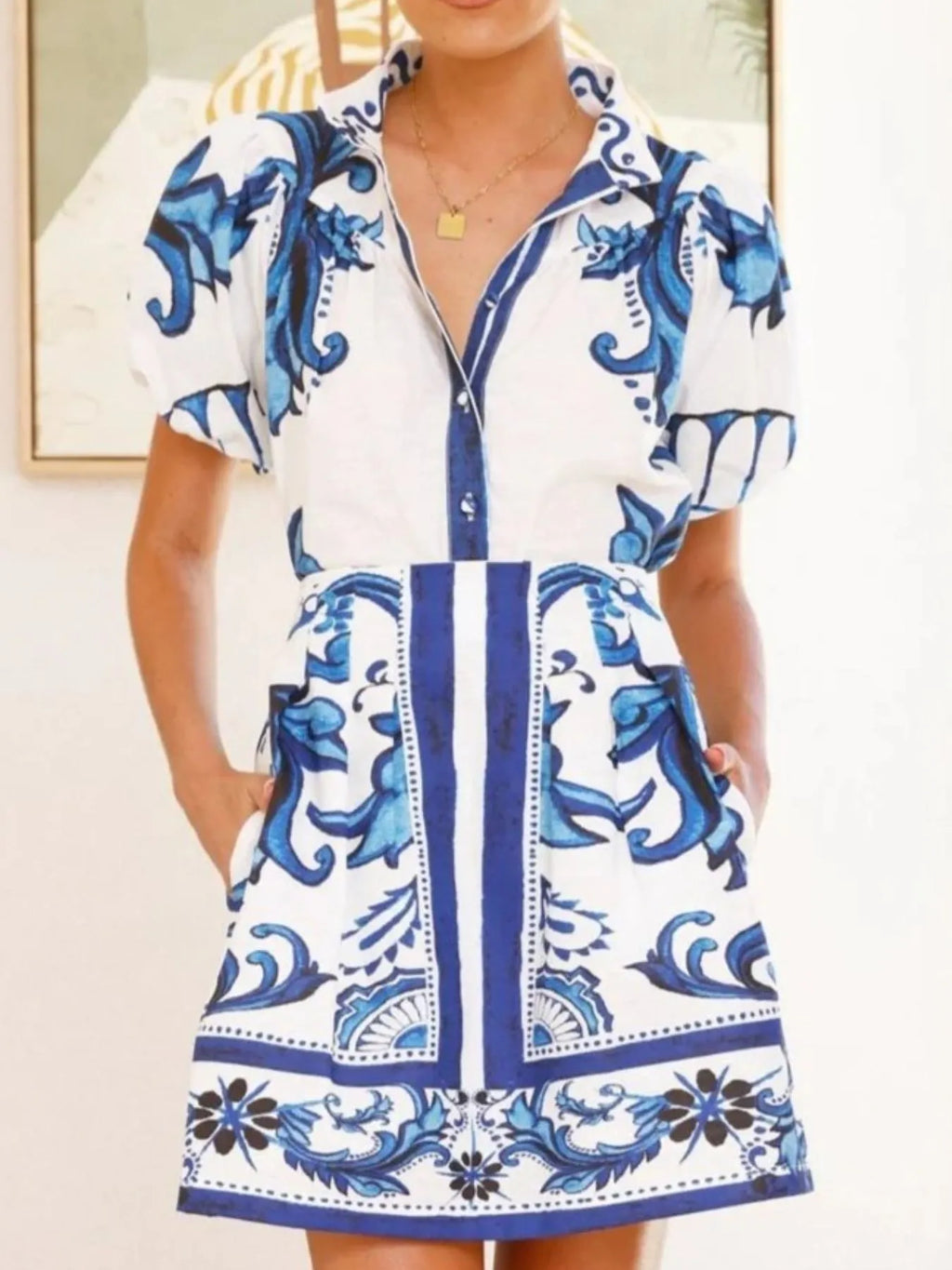 Puff Sleeve Printed Top and Zip Back Skirt Set